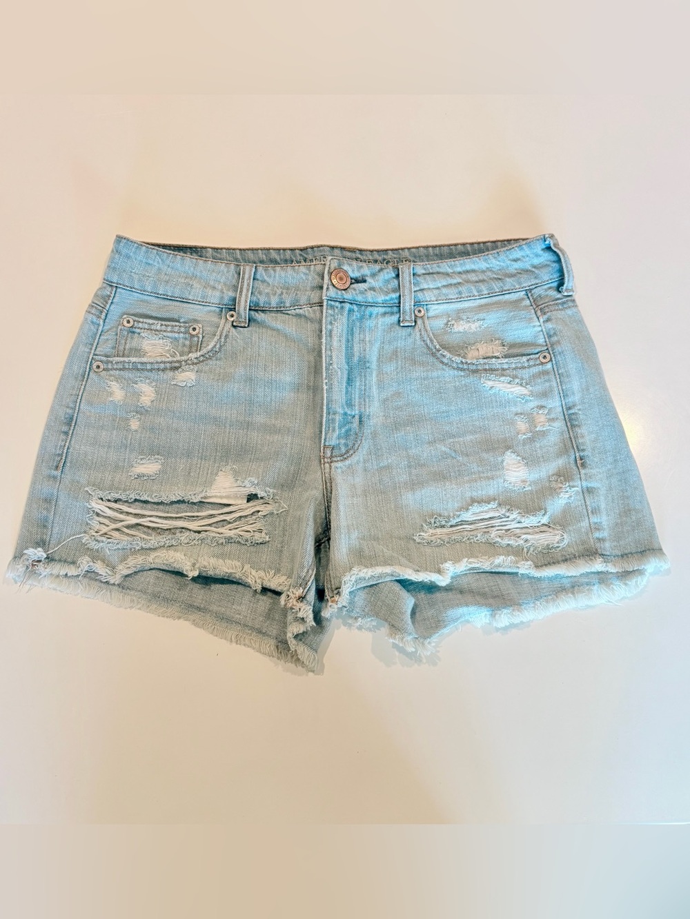 American Eagle Outfitters Tomgirl Midi Light Blue Distressed Jean Shorts